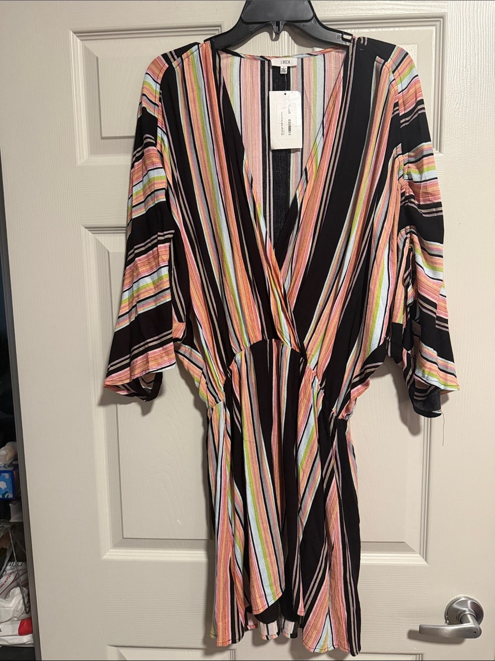 Lucca Multi-Stripe V-Neck Dress in Black with Pastel Stripes